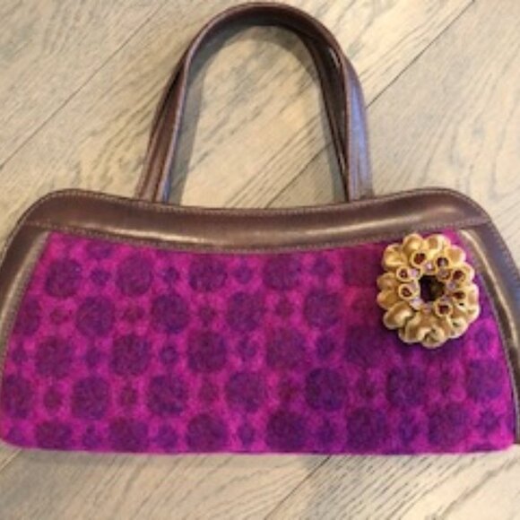 Custom Made Turkish Floral Felt + Leather Handbag Purple & Brown Size OS - Picture 2 of 5
